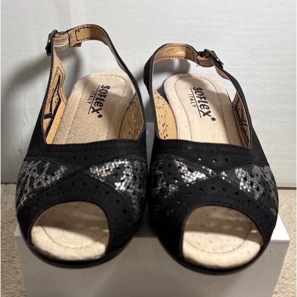 Soleflex Italy Sandals Womens Peep Toe Slingback Wedge Black Silver Size 6 - Picture 3 of 12